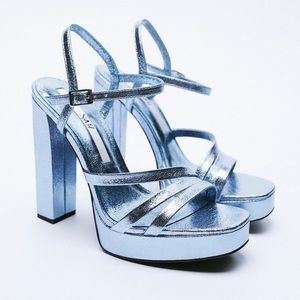 NWOT Zara Strappy Blue Metallic Platform Heels